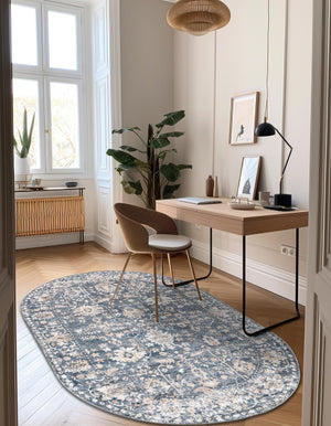 Blue 5' 3 x 8' Portland Oval Area Rug 85% Polypropylene & 15% Polyester Vintage Distressed Traditional Carpet for Home Decor for Sale at Rug Engine