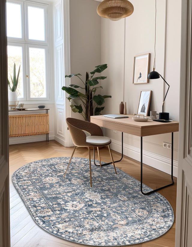 Blue 5' 3 x 8' Portland Oval Area Rug 85% Polypropylene & 15% Polyester Vintage Distressed Traditional Carpet for Home Decor for Sale at Rug Engine