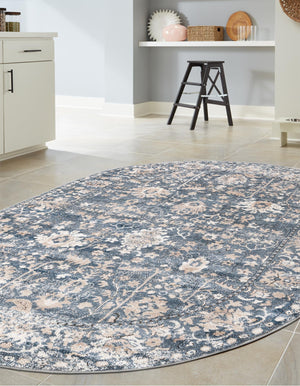 Blue 5' 3 x 8' Portland Oval Area Rug 85% Polypropylene & 15% Polyester Vintage Distressed Traditional Carpet for Home Decor for Sale at Rug Engine