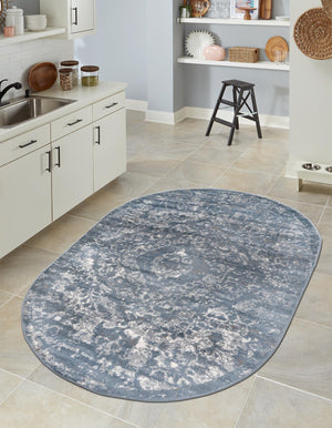 Blue 5' 3 x 8' Portland Oval Area Rug 85% Polypropylene & 15% Polyester Vintage Distressed Traditional Carpet for Home Decor for Sale at Rug Engine