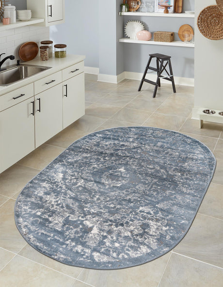 Blue 5' 3 x 8' Portland Oval Area Rug 85% Polypropylene & 15% Polyester Vintage Distressed Traditional Carpet for Home Decor for Sale at Rug Engine