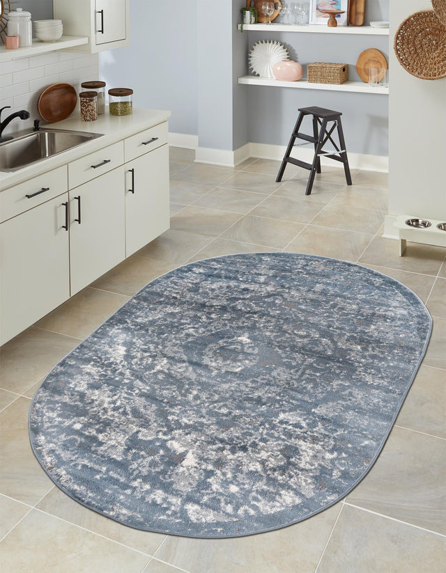 Blue 5' 3 x 8' Portland Oval Area Rug 85% Polypropylene & 15% Polyester Vintage Distressed Traditional Carpet for Home Decor for Sale at Rug Engine