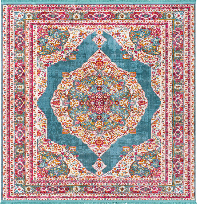 Turquoise 8' x 8' Baracoa Square Area Rug 100% Polypropylene Distressed Vintage Living Dining Room Office Traditional Carpet for Sale at Rug Engine