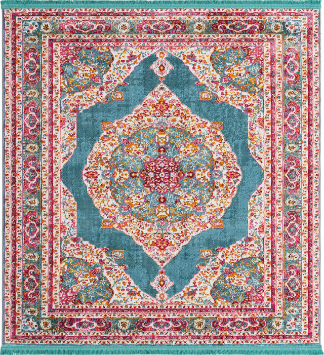 Turquoise 5' x 5' Baracoa Square Area Rug 100% Polypropylene Distressed Vintage Living Dining Room Office Traditional Carpet for Sale at Rug Engine