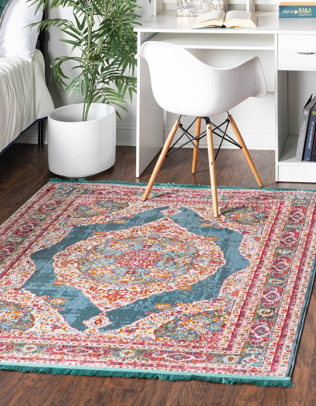 Turquoise 4' x 4' Baracoa Square Area Rug 100% Polypropylene Distressed Vintage Living Dining Room Office Traditional Carpet for Sale at Rug Engine