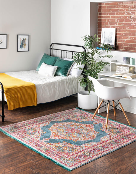 Turquoise 4' x 4' Baracoa Square Area Rug 100% Polypropylene Distressed Vintage Living Dining Room Office Traditional Carpet for Sale at Rug Engine