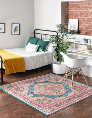 Turquoise 5' x 5' Baracoa Square Area Rug 100% Polypropylene Distressed Vintage Living Dining Room Office Traditional Carpet for Sale at Rug Engine