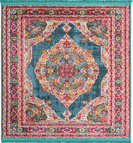 Turquoise 4' x 4' Baracoa Square Area Rug 100% Polypropylene Distressed Vintage Living Dining Room Office Traditional Carpet for Sale at Rug Engine