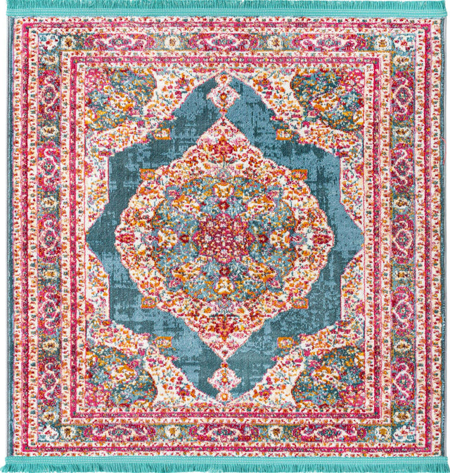Turquoise 4' x 4' Baracoa Square Area Rug 100% Polypropylene Distressed Vintage Living Dining Room Office Traditional Carpet for Sale at Rug Engine