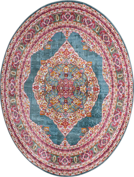 Turquoise 7' 10 x 10' Baracoa Oval Area Rug 100% Polypropylene Distressed Vintage Living Dining Room Office Traditional Carpet for Sale at Rug Engine