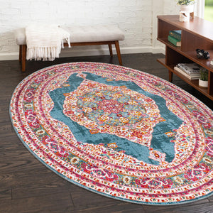 Turquoise 7' 10 x 10' Baracoa Oval Area Rug 100% Polypropylene Distressed Vintage Living Dining Room Office Traditional Carpet for Sale at Rug Engine