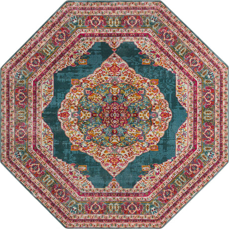 Turquoise 8' x 8' Baracoa Octagon Area Rug 100% Polypropylene Distressed Vintage Living Dining Room Office Traditional Carpet for Sale at Rug Engine