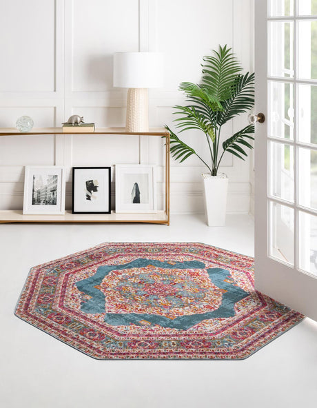 Turquoise 5' x 5' Baracoa Octagon Area Rug 100% Polypropylene Distressed Vintage Living Dining Room Office Traditional Carpet for Sale at Rug Engine