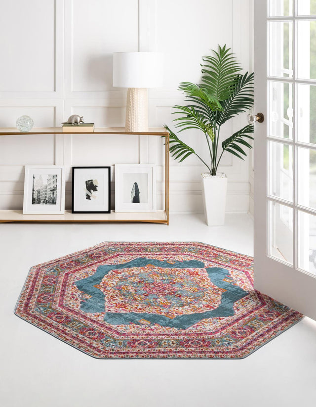 Turquoise 5' x 5' Baracoa Octagon Area Rug 100% Polypropylene Distressed Vintage Living Dining Room Office Traditional Carpet for Sale at Rug Engine