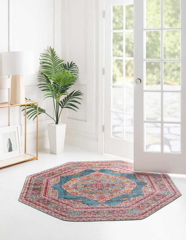 Turquoise 8' x 8' Baracoa Octagon Area Rug 100% Polypropylene Distressed Vintage Living Dining Room Office Traditional Carpet for Sale at Rug Engine