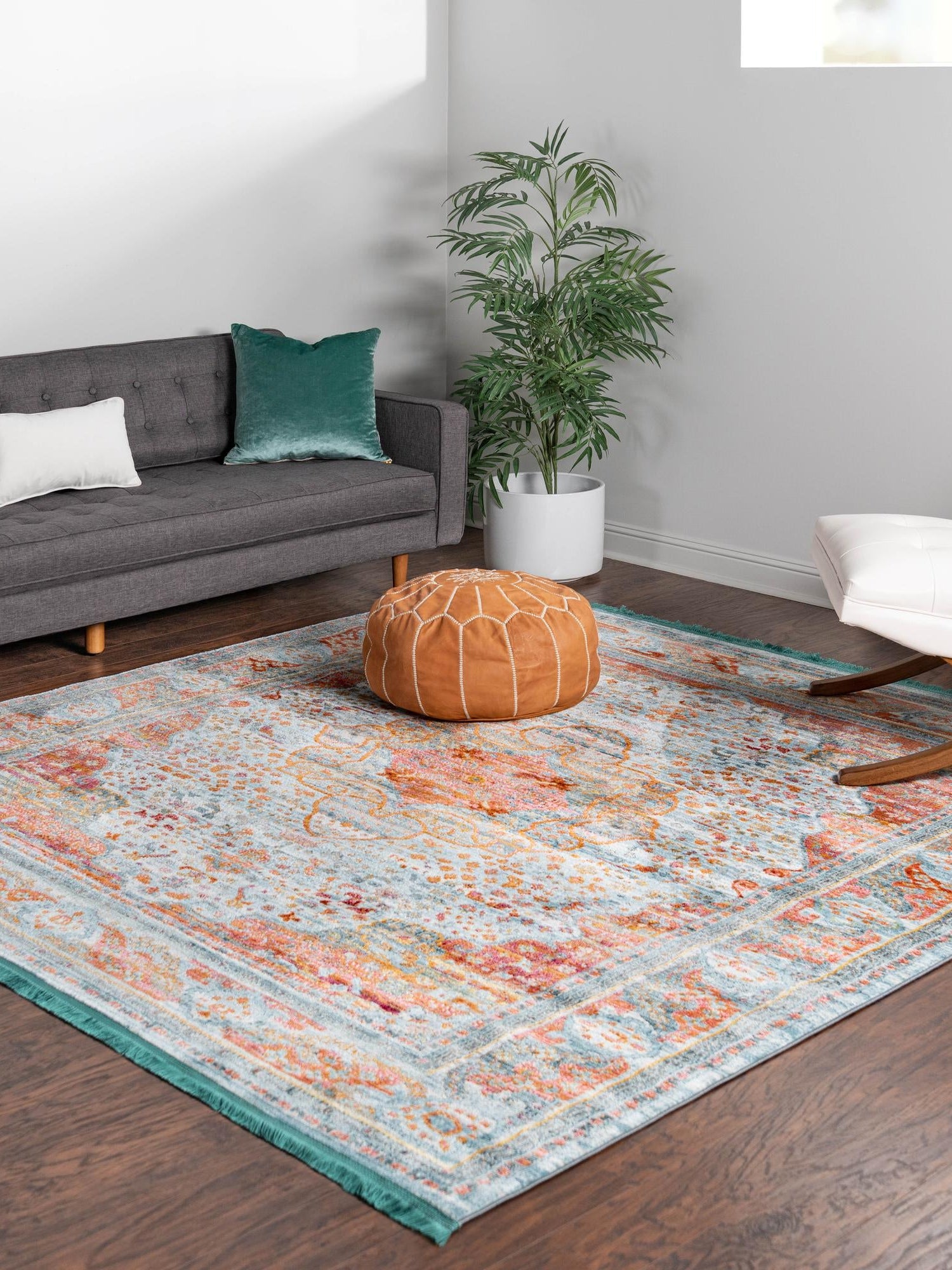 Light Blue 5' x 5' Baracoa Square Area Rug 100% Polypropylene Distressed Vintage Living Dining Room Office Traditional Carpet for Sale at Rug Engine