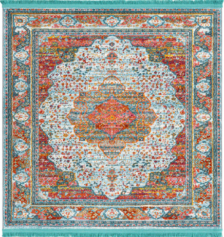 Light Blue 4' x 4' Baracoa Square Area Rug 100% Polypropylene Distressed Vintage Living Dining Room Office Traditional Carpet for Sale at Rug Engine