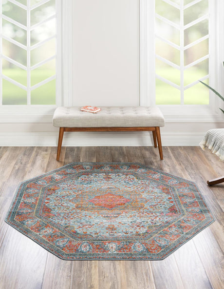 Light Blue 5' x 5' Baracoa Octagon Area Rug 100% Polypropylene Distressed Vintage Living Dining Room Office Traditional Carpet for Sale at Rug Engine