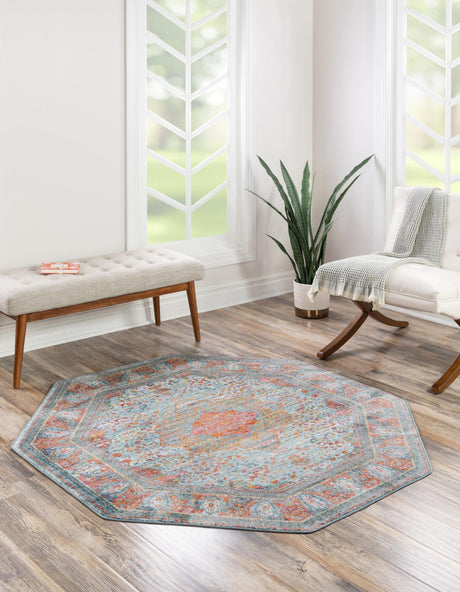 Light Blue 5' x 5' Baracoa Octagon Area Rug 100% Polypropylene Distressed Vintage Living Dining Room Office Traditional Carpet for Sale at Rug Engine