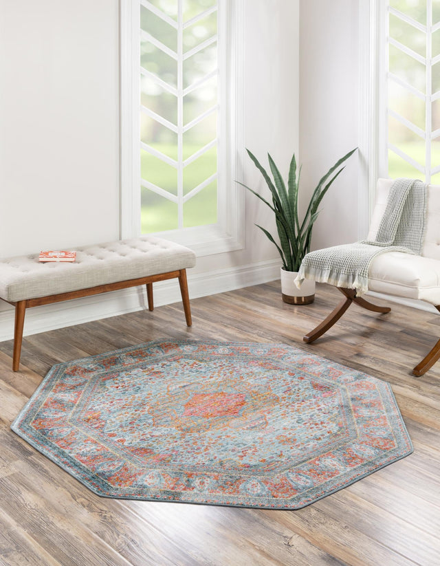 Light Blue 5' x 5' Baracoa Octagon Area Rug 100% Polypropylene Distressed Vintage Living Dining Room Office Traditional Carpet for Sale at Rug Engine