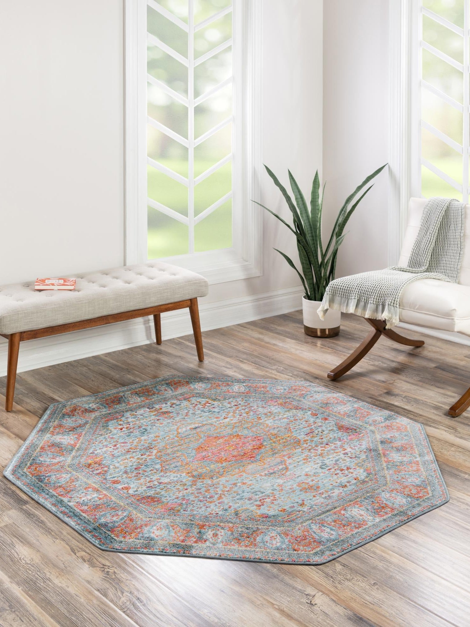 Light Blue 8' x 8' Baracoa Octagon Area Rug 100% Polypropylene Distressed Vintage Living Dining Room Office Traditional Carpet for Sale at Rug Engine