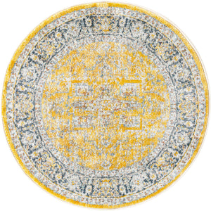 Yellow 3' 3 x 3' 3 Baracoa Round Area Rug 100% Polypropylene Distressed Vintage Living Dining Room Office Traditional Carpet for Sale at Rug Engine