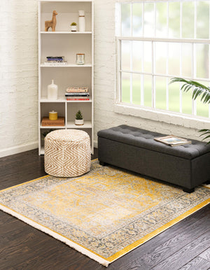 Yellow 4' x 4' Baracoa Square Area Rug 100% Polypropylene Distressed Vintage Living Dining Room Office Traditional Carpet for Sale at Rug Engine