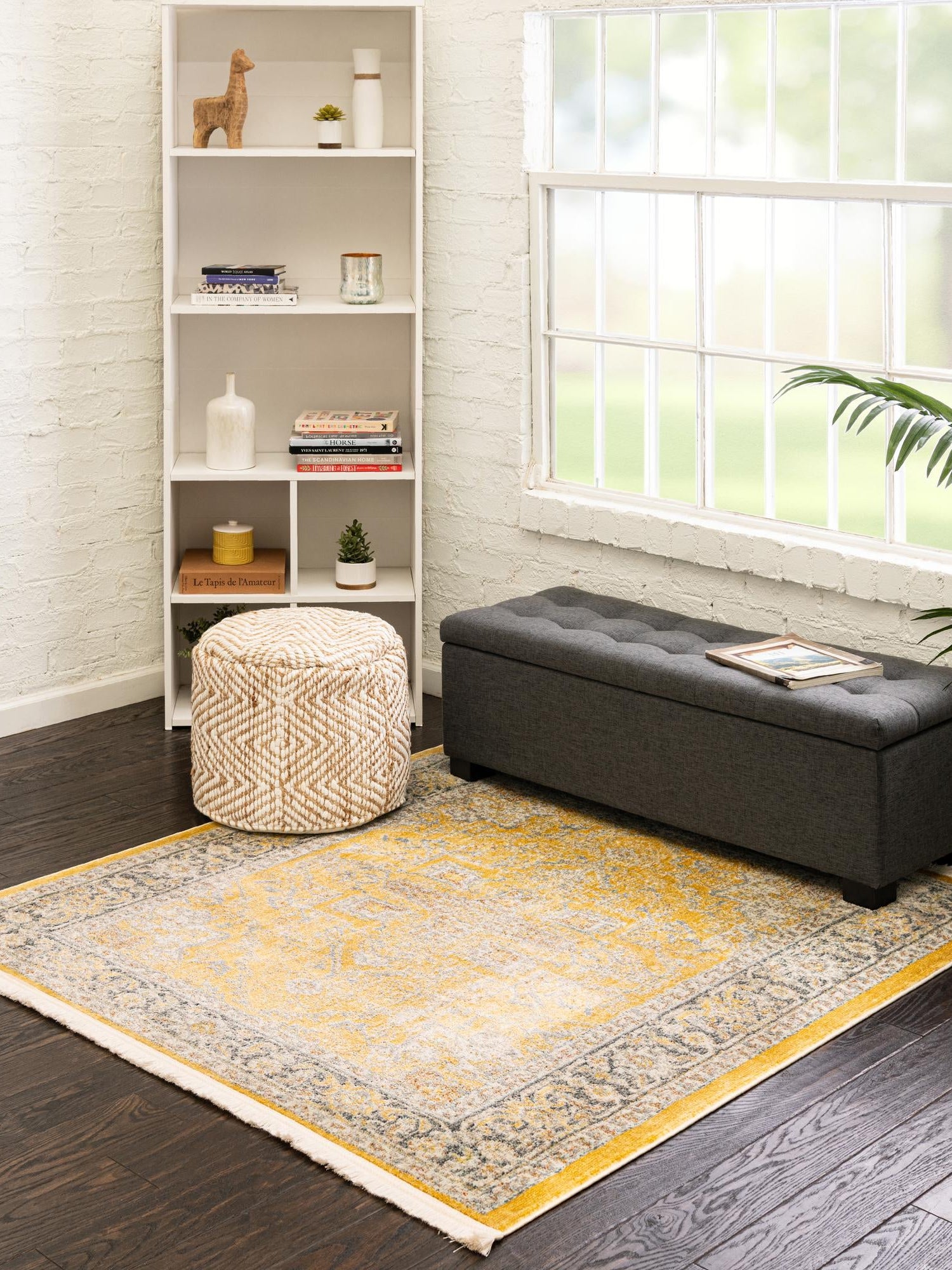 Yellow 8' x 8' Baracoa Square Area Rug 100% Polypropylene Distressed Vintage Living Dining Room Office Traditional Carpet for Sale at Rug Engine