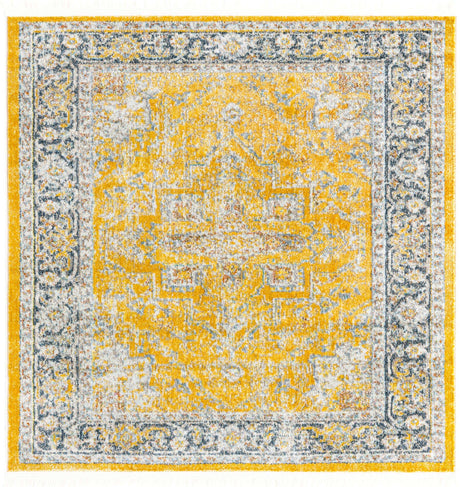 Yellow 4' x 4' Baracoa Square Area Rug 100% Polypropylene Distressed Vintage Living Dining Room Office Traditional Carpet for Sale at Rug Engine