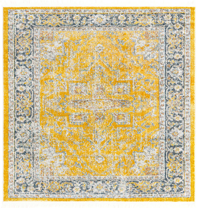 Yellow 4' x 4' Baracoa Square Area Rug 100% Polypropylene Distressed Vintage Living Dining Room Office Traditional Carpet for Sale at Rug Engine