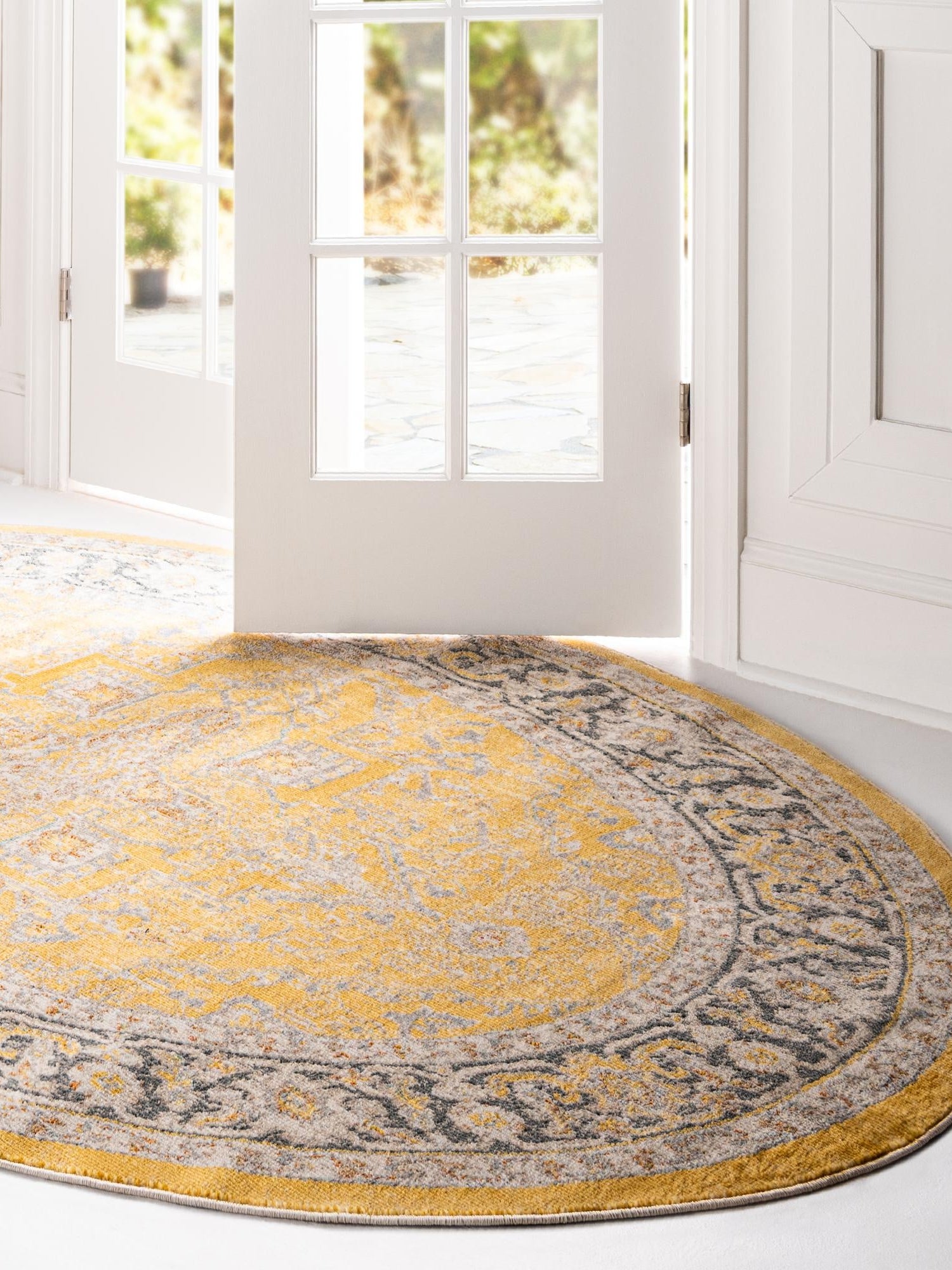 Yellow 7' 10 x 10' Baracoa Oval Area Rug 100% Polypropylene Distressed Vintage Living Dining Room Office Traditional Carpet for Sale at Rug Engine