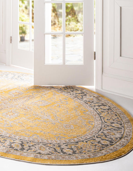 Yellow 7' 10 x 10' Baracoa Oval Area Rug 100% Polypropylene Distressed Vintage Living Dining Room Office Traditional Carpet for Sale at Rug Engine
