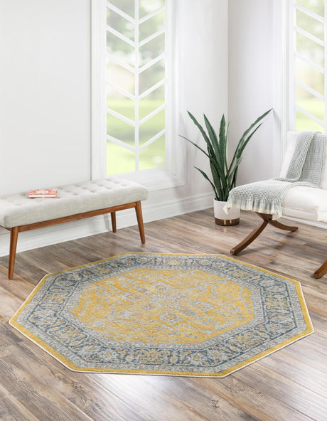 Yellow 8' x 8' Baracoa Octagon Area Rug 100% Polypropylene Distressed Vintage Living Dining Room Office Traditional Carpet for Sale at Rug Engine