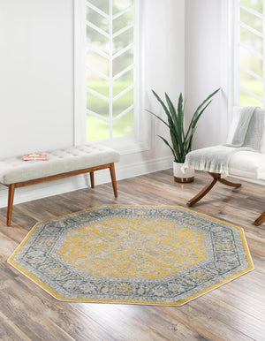 Yellow 5' x 5' Baracoa Octagon Area Rug 100% Polypropylene Distressed Vintage Living Dining Room Office Traditional Carpet for Sale at Rug Engine