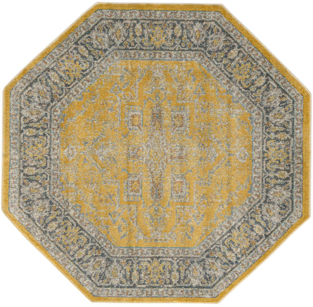 Yellow 5' x 5' Baracoa Octagon Area Rug 100% Polypropylene Distressed Vintage Living Dining Room Office Traditional Carpet for Sale at Rug Engine