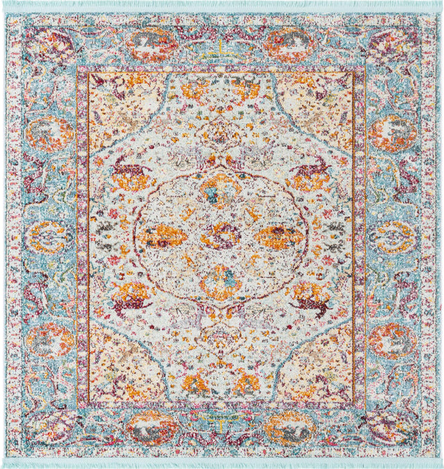 Light Blue 5' x 5' Baracoa Square Area Rug 100% Polypropylene Distressed Vintage Living Dining Room Office Traditional Carpet for Sale at Rug Engine