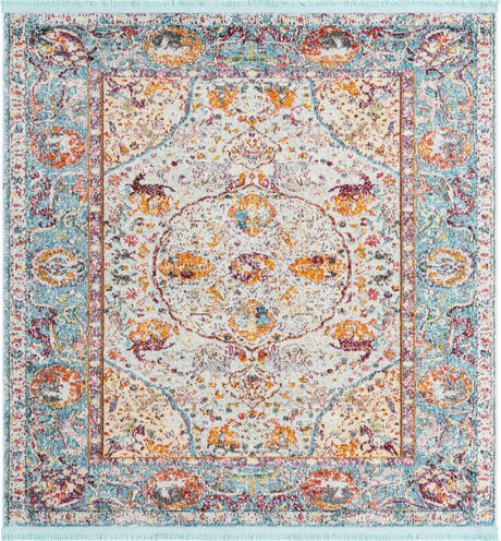 Light Blue 5' x 5' Baracoa Square Area Rug 100% Polypropylene Distressed Vintage Living Dining Room Office Traditional Carpet for Sale at Rug Engine