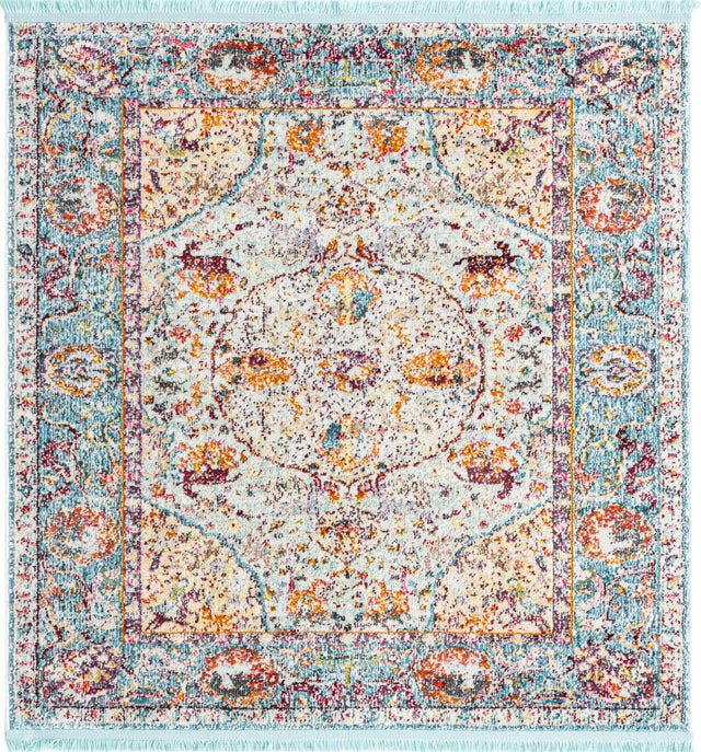 Light Blue 4' x 4' Baracoa Square Area Rug 100% Polypropylene Distressed Vintage Living Dining Room Office Traditional Carpet for Sale at Rug Engine