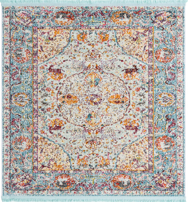Light Blue 4' x 4' Baracoa Square Area Rug 100% Polypropylene Distressed Vintage Living Dining Room Office Traditional Carpet for Sale at Rug Engine