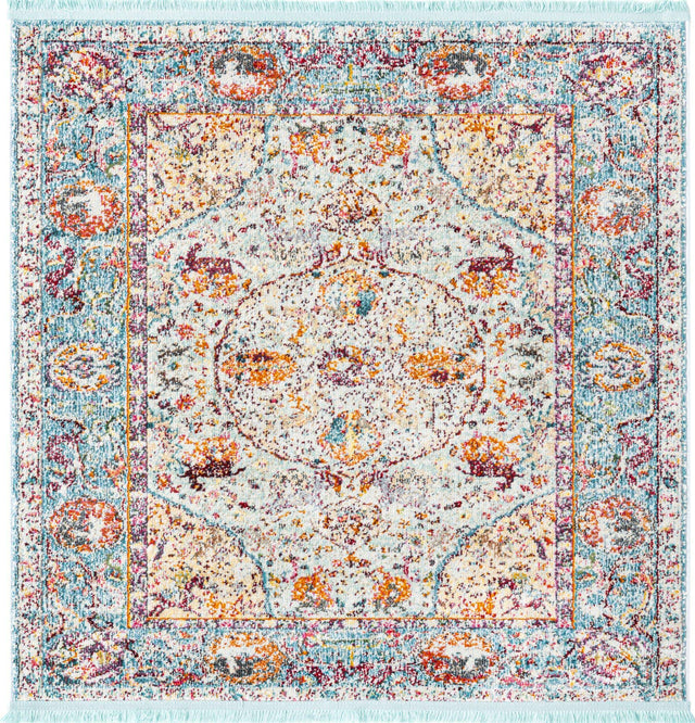 Light Blue 4' x 4' Baracoa Square Area Rug 100% Polypropylene Distressed Vintage Living Dining Room Office Traditional Carpet for Sale at Rug Engine