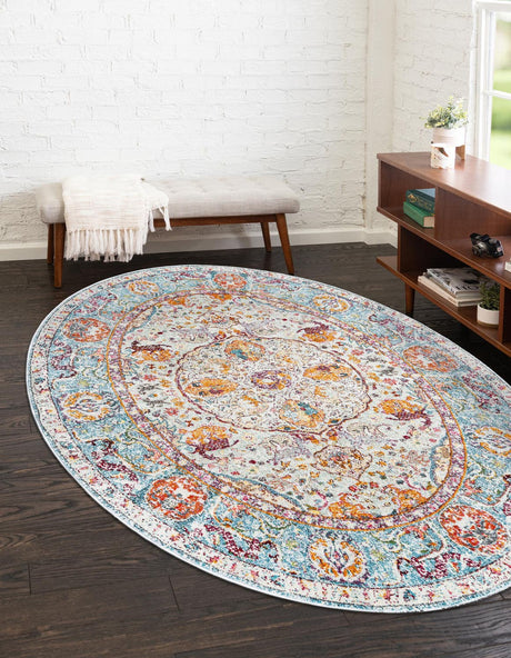 Light Blue 5' x 8' Baracoa Oval Area Rug 100% Polypropylene Distressed Vintage Living Dining Room Office Traditional Carpet for Sale at Rug Engine