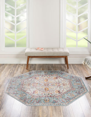 Light Blue 5' x 5' Baracoa Octagon Area Rug 100% Polypropylene Distressed Vintage Living Dining Room Office Traditional Carpet for Sale at Rug Engine