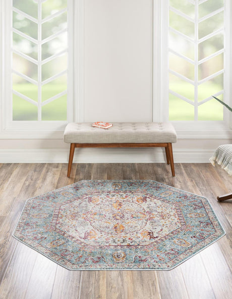 Light Blue 5' x 5' Baracoa Octagon Area Rug 100% Polypropylene Distressed Vintage Living Dining Room Office Traditional Carpet for Sale at Rug Engine