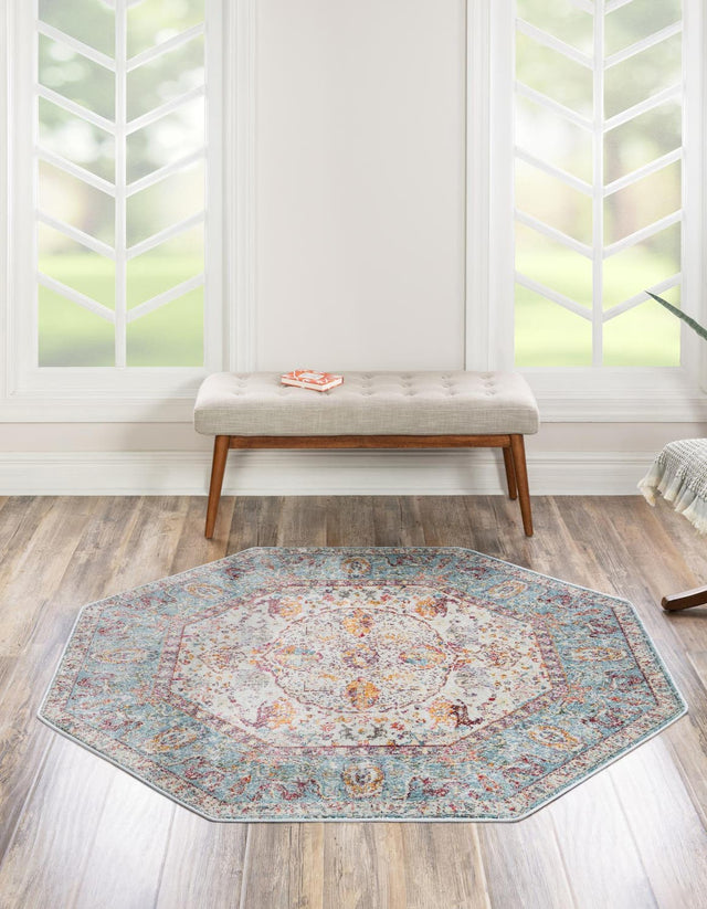 Light Blue 5' x 5' Baracoa Octagon Area Rug 100% Polypropylene Distressed Vintage Living Dining Room Office Traditional Carpet for Sale at Rug Engine