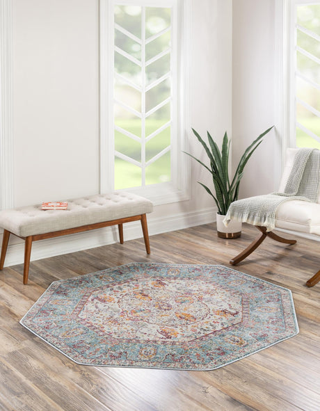 Light Blue 8' x 8' Baracoa Octagon Area Rug 100% Polypropylene Distressed Vintage Living Dining Room Office Traditional Carpet for Sale at Rug Engine
