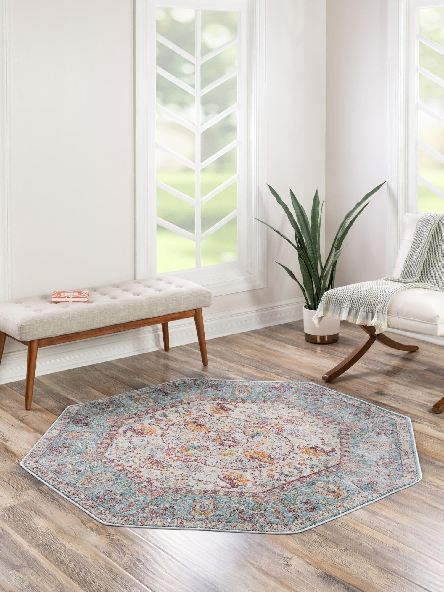 Light Blue 5' x 5' Baracoa Octagon Area Rug 100% Polypropylene Distressed Vintage Living Dining Room Office Traditional Carpet for Sale at Rug Engine
