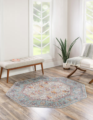 Light Blue 5' x 5' Baracoa Octagon Area Rug 100% Polypropylene Distressed Vintage Living Dining Room Office Traditional Carpet for Sale at Rug Engine