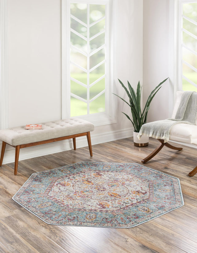 Light Blue 5' x 5' Baracoa Octagon Area Rug 100% Polypropylene Distressed Vintage Living Dining Room Office Traditional Carpet for Sale at Rug Engine