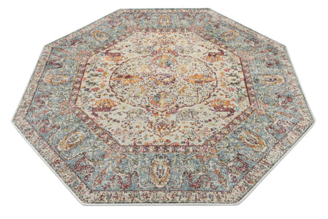 Light Blue 5' x 5' Baracoa Octagon Area Rug 100% Polypropylene Distressed Vintage Living Dining Room Office Traditional Carpet for Sale at Rug Engine