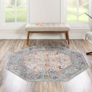 Light Blue 8' x 8' Baracoa Octagon Area Rug 100% Polypropylene Distressed Vintage Living Dining Room Office Traditional Carpet for Sale at Rug Engine